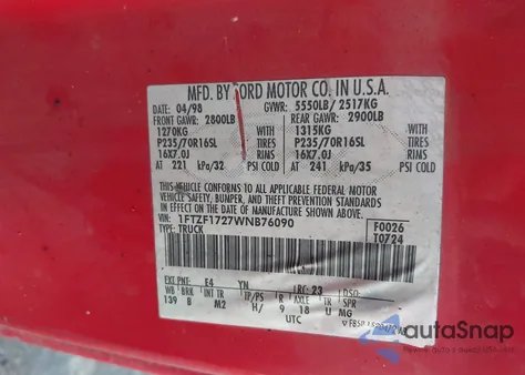 1998 Ford F-150 Standard/Xl/Xlt from USA, damaged, VIN 1FTZF1727WNB76090